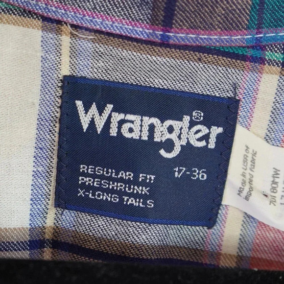 Wrangler Long Sleeve Mens 17-36 Plaid‎ X-Long Tails Pre-Shrunk Made in USA - Picture 4 of 8